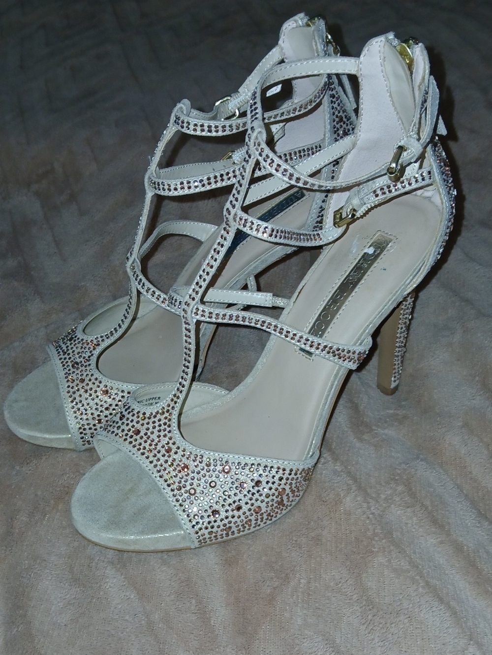 Womens Audrey Brooke Gold Crystal-Strap High Heel Sandals Back Zip Sz: 8.5